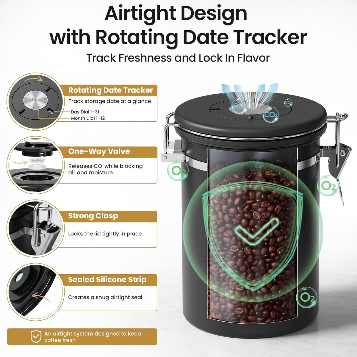 Veken Airtight Coffee Canister with Window 22oz – Black