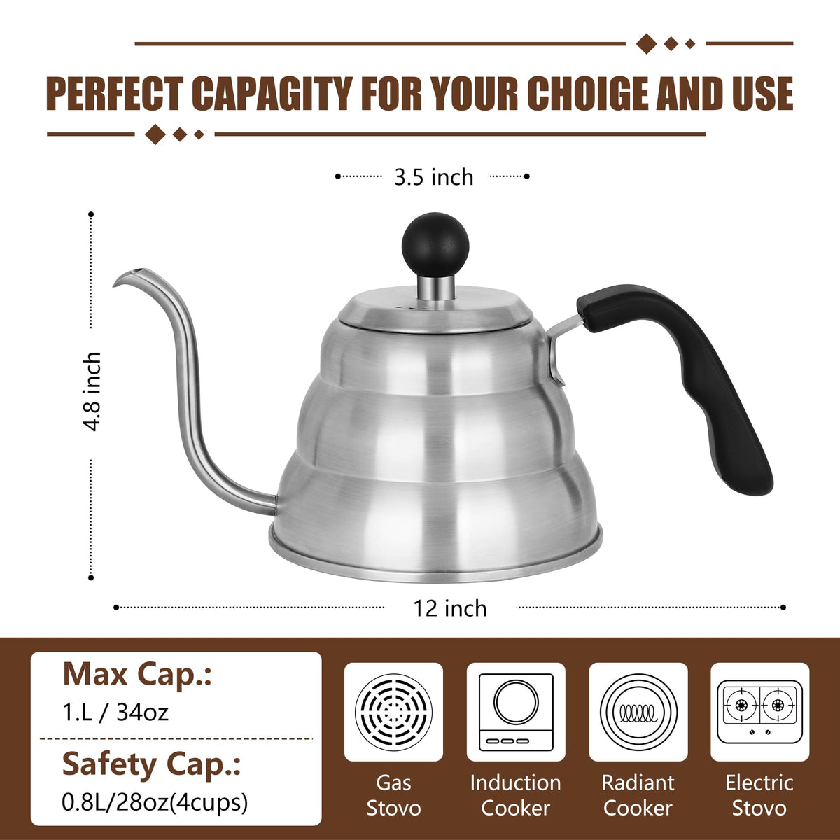 Stovetop Gooseneck Kettle with Thermometer – 40oz Stainless Steel, Pour Over