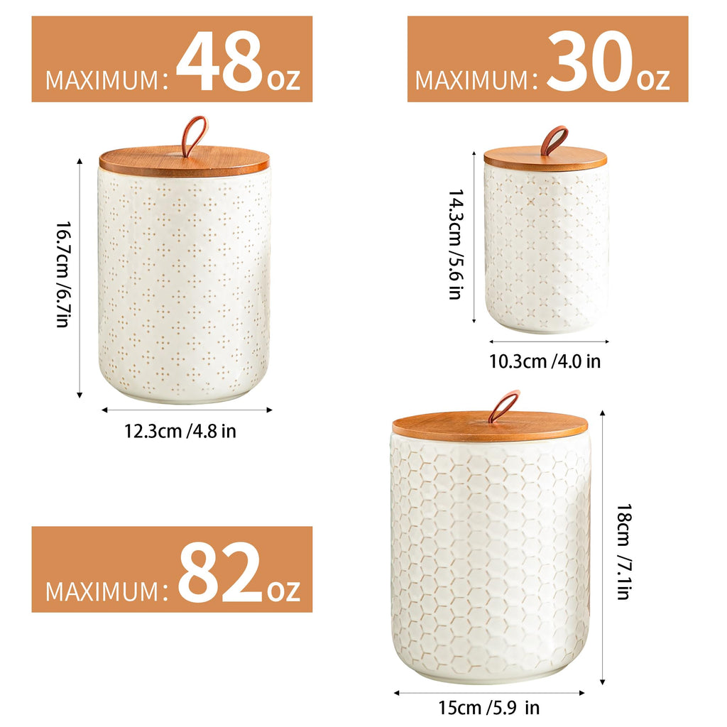 JOJUNO Black Embossed Ceramic Canister Set of 3 – Airtight Bamboo Lids, 30/48/82 oz