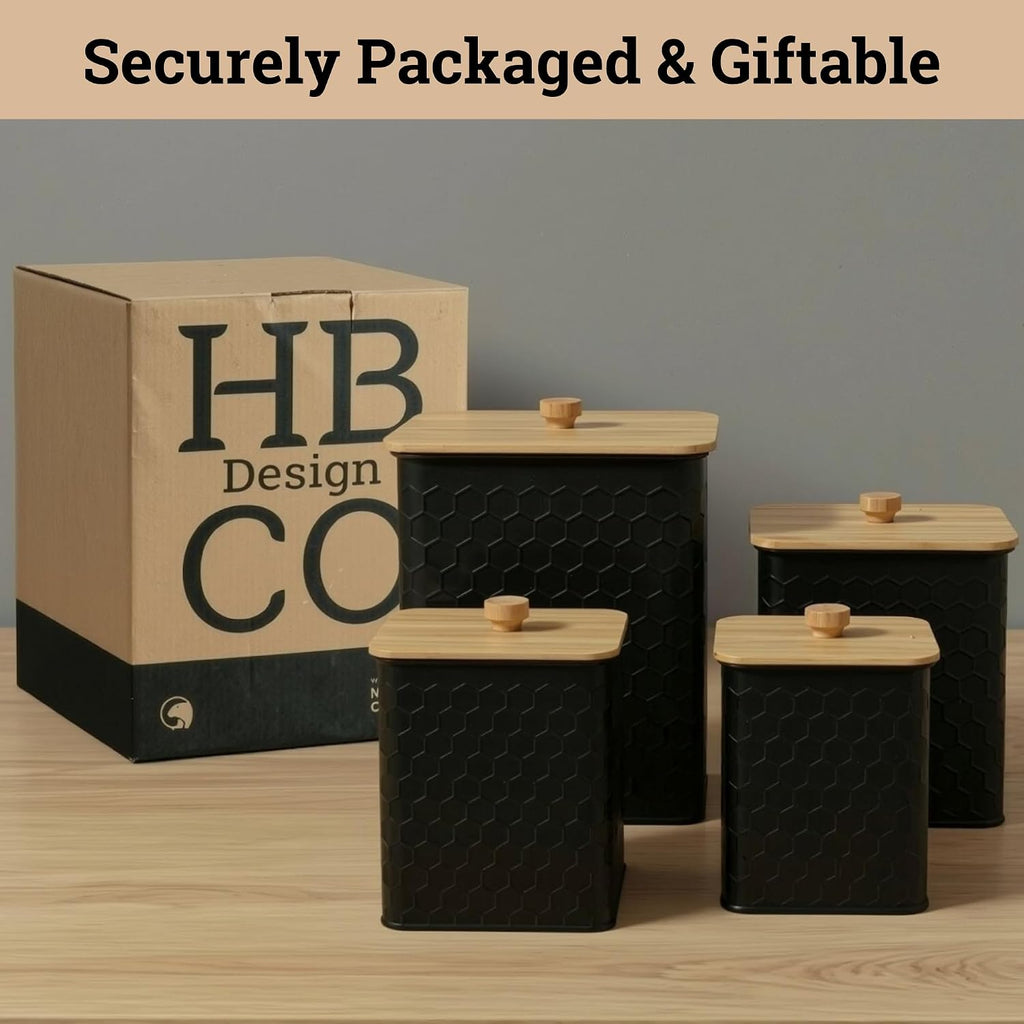 Honeycomb Metal Kitchen Canister Set of 4 – Airtight Bamboo Lids, Matte Black, 1.25–6.5 qt