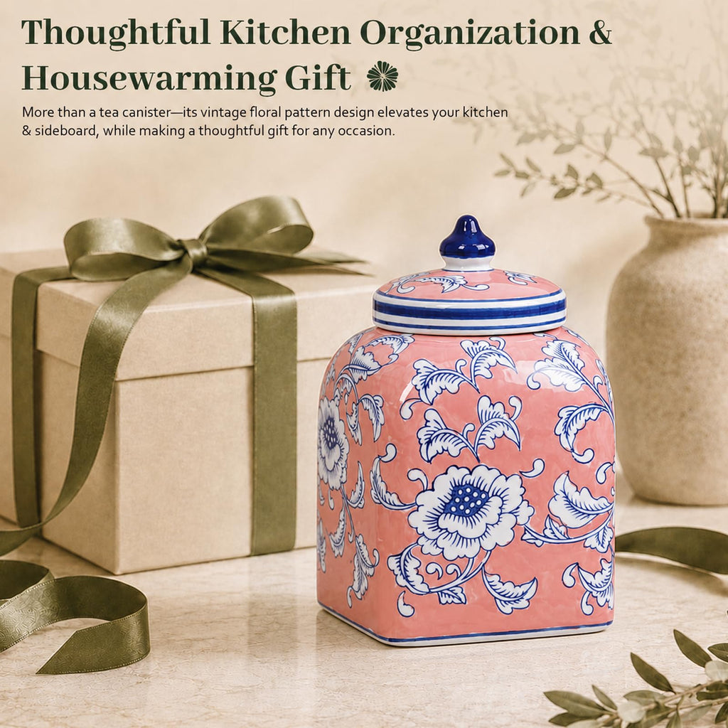 Ceramic Tea & Coffee Canister with Airtight Lid – 10" H, 121 fl oz, Green Peony Chinoiserie