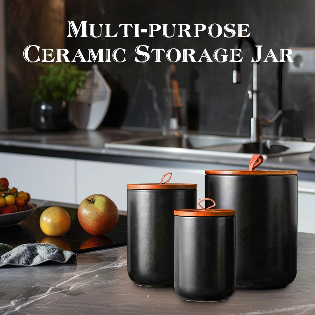 JOJUNO Black Embossed Ceramic Canister Set of 3 – Airtight Bamboo Lids, 30/48/82 oz