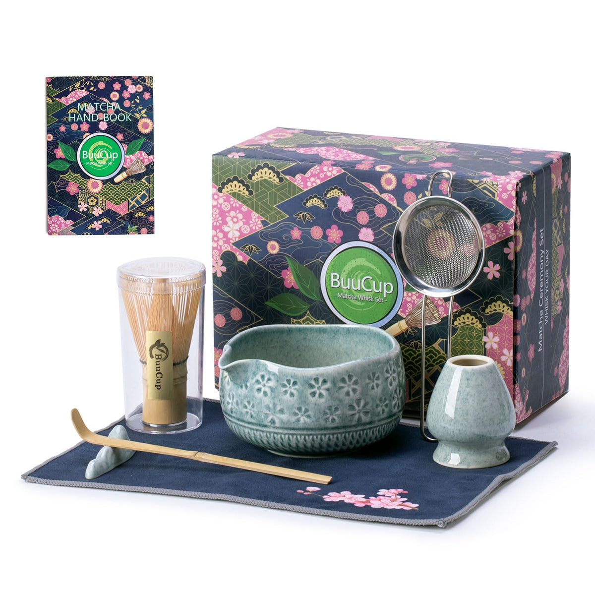 Buucup 7-Piece Green Ceramic Matcha Set – Bowl, Bamboo Whisk, Scoop, Holder, Rest, Sifter & Tea Towel