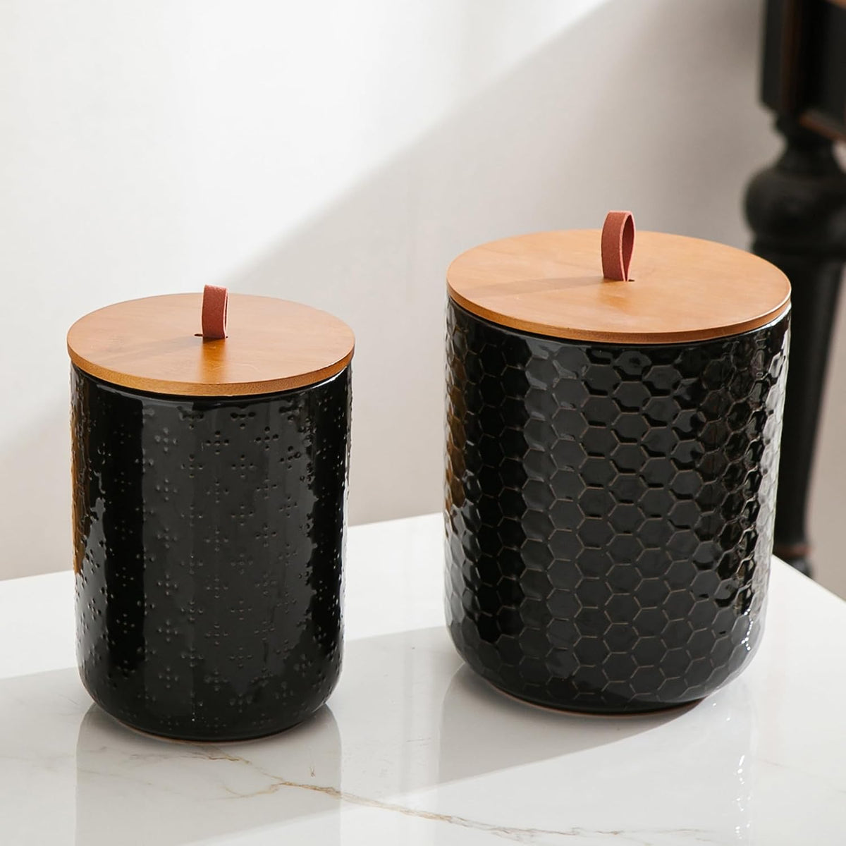 JOJUNO Black Embossed Ceramic Canister Set of 3 – Airtight Bamboo Lids, 30/48/82 oz