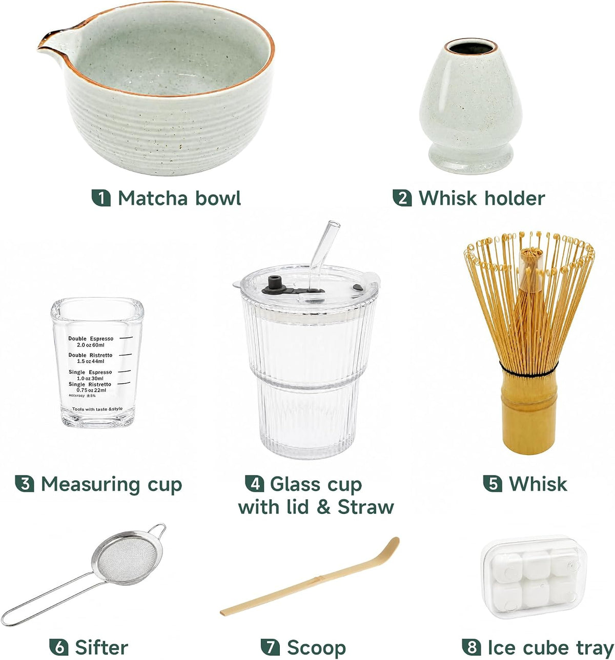 ComboJoy Complete Matcha Kit – Bowl, Whisk, Glass Cup with Straw & Ice Cube Tray for Hot & Iced Matcha