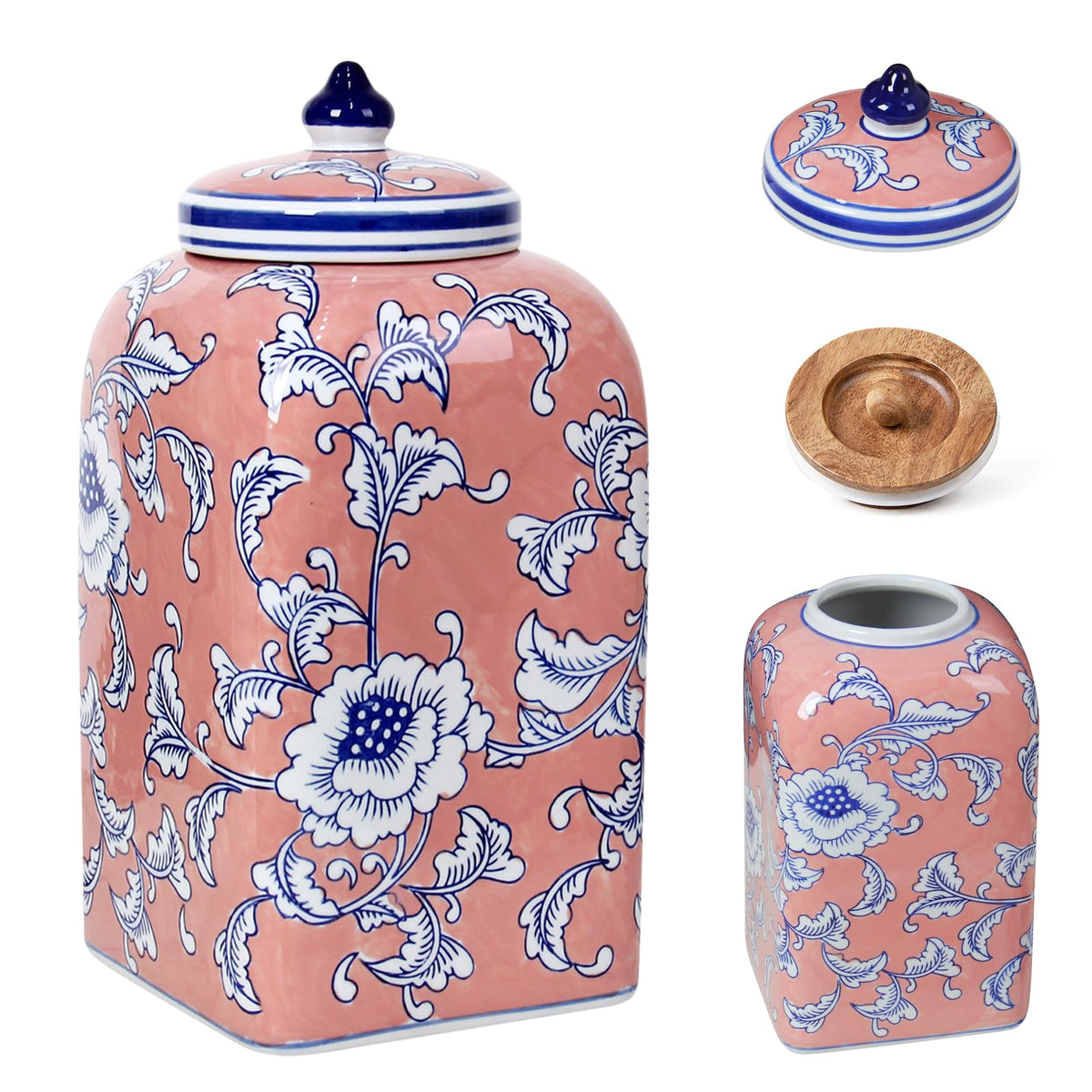 Ceramic Tea & Coffee Canister with Airtight Lid – 10" H, 121 fl oz, Green Peony Chinoiserie