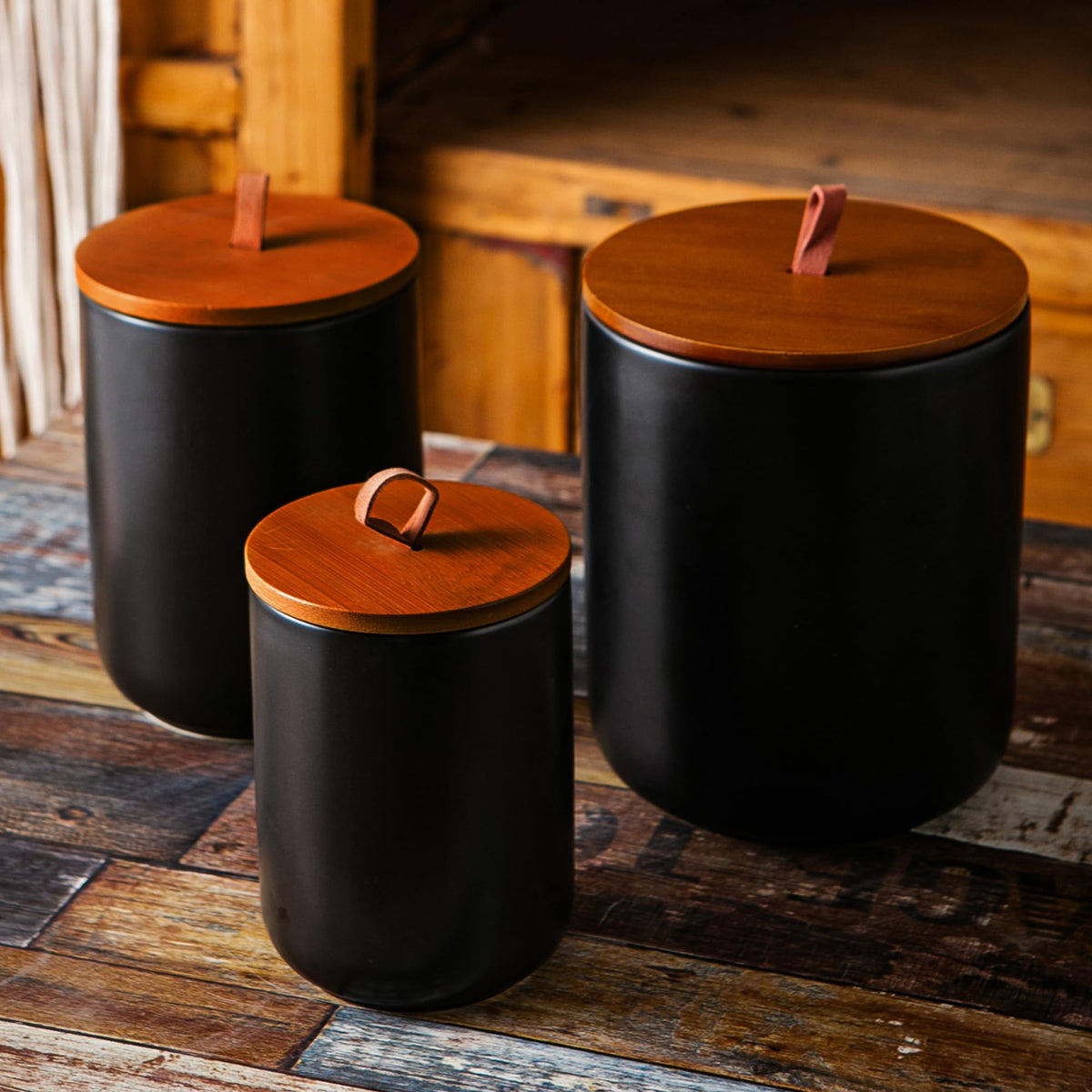 JOJUNO Black Embossed Ceramic Canister Set of 3 – Airtight Bamboo Lids, 30/48/82 oz