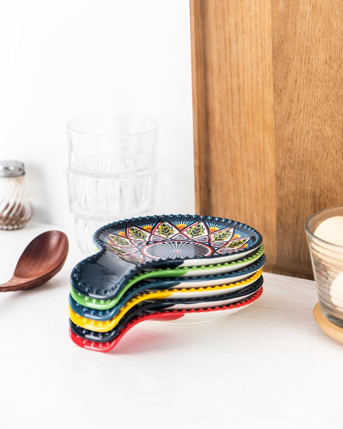 Ceramic Spoon Rest Set of 6 – Assorted Bohemian Patterns, 7.75", Dishwasher Safe