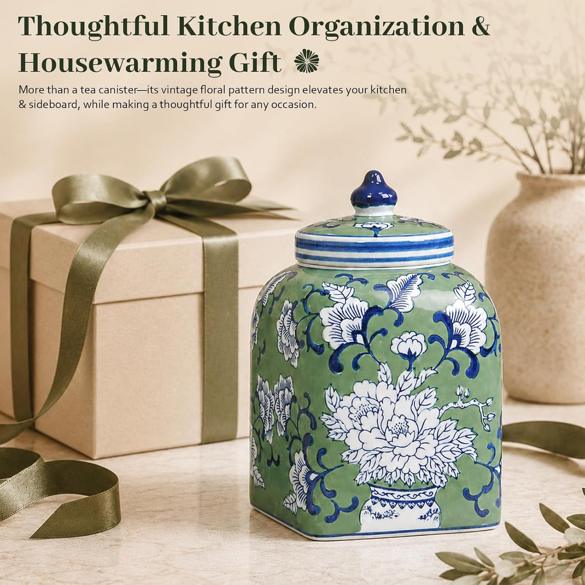 Ceramic Tea & Coffee Canister with Airtight Lid – 10" H, 121 fl oz, Green Peony Chinoiserie