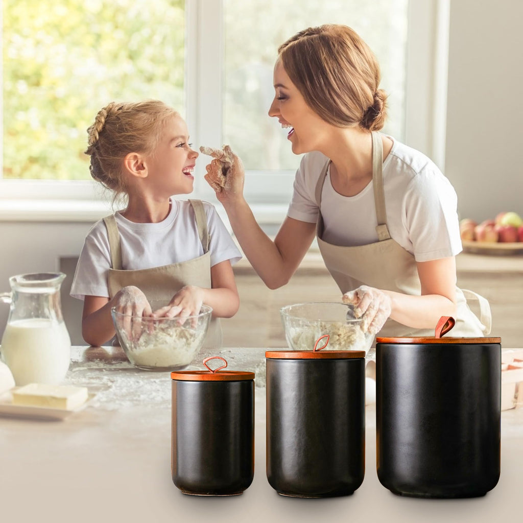 JOJUNO Black Embossed Ceramic Canister Set of 3 – Airtight Bamboo Lids, 30/48/82 oz