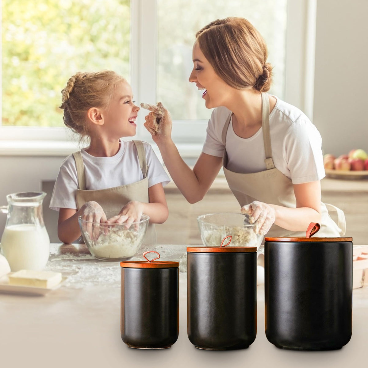 JOJUNO Black Embossed Ceramic Canister Set of 3 – Airtight Bamboo Lids, 30/48/82 oz
