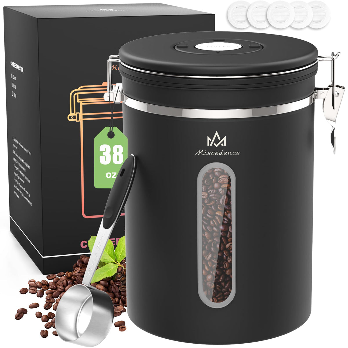 38 oz Stainless Steel Coffee Canister with Date Tracker & CO2 Valve – Mint Green, Airtight