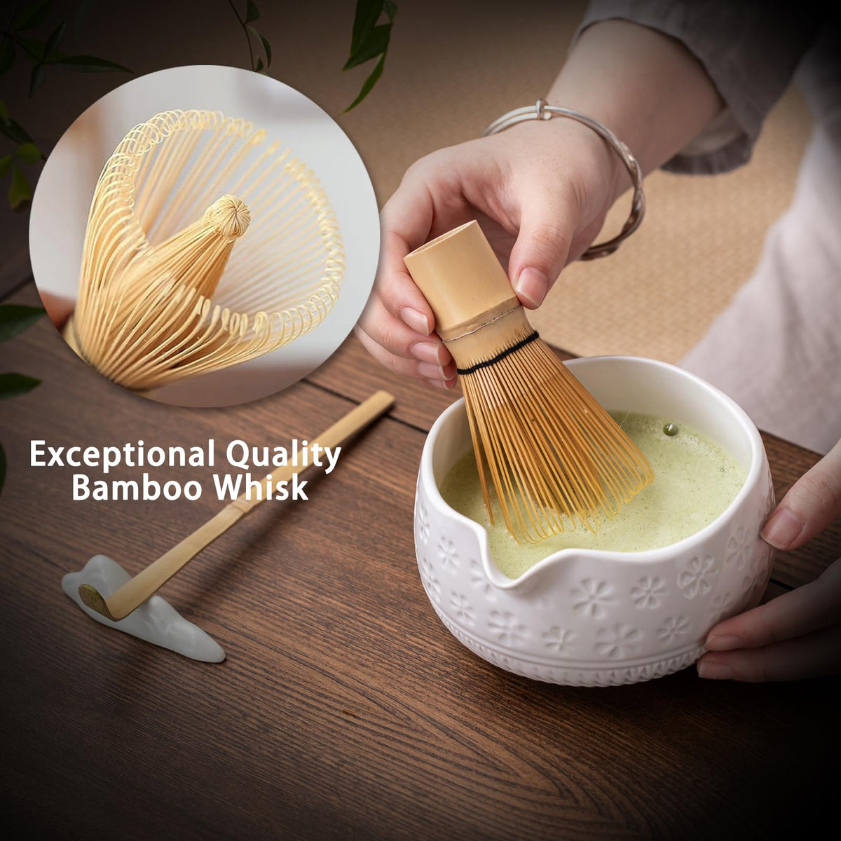 Buucup 7-Piece Green Ceramic Matcha Set – Bowl, Bamboo Whisk, Scoop, Holder, Rest, Sifter & Tea Towel