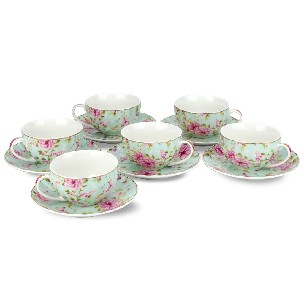 Floral Porcelain Tea Cups & Saucers Set of 6 – Midnight Blue