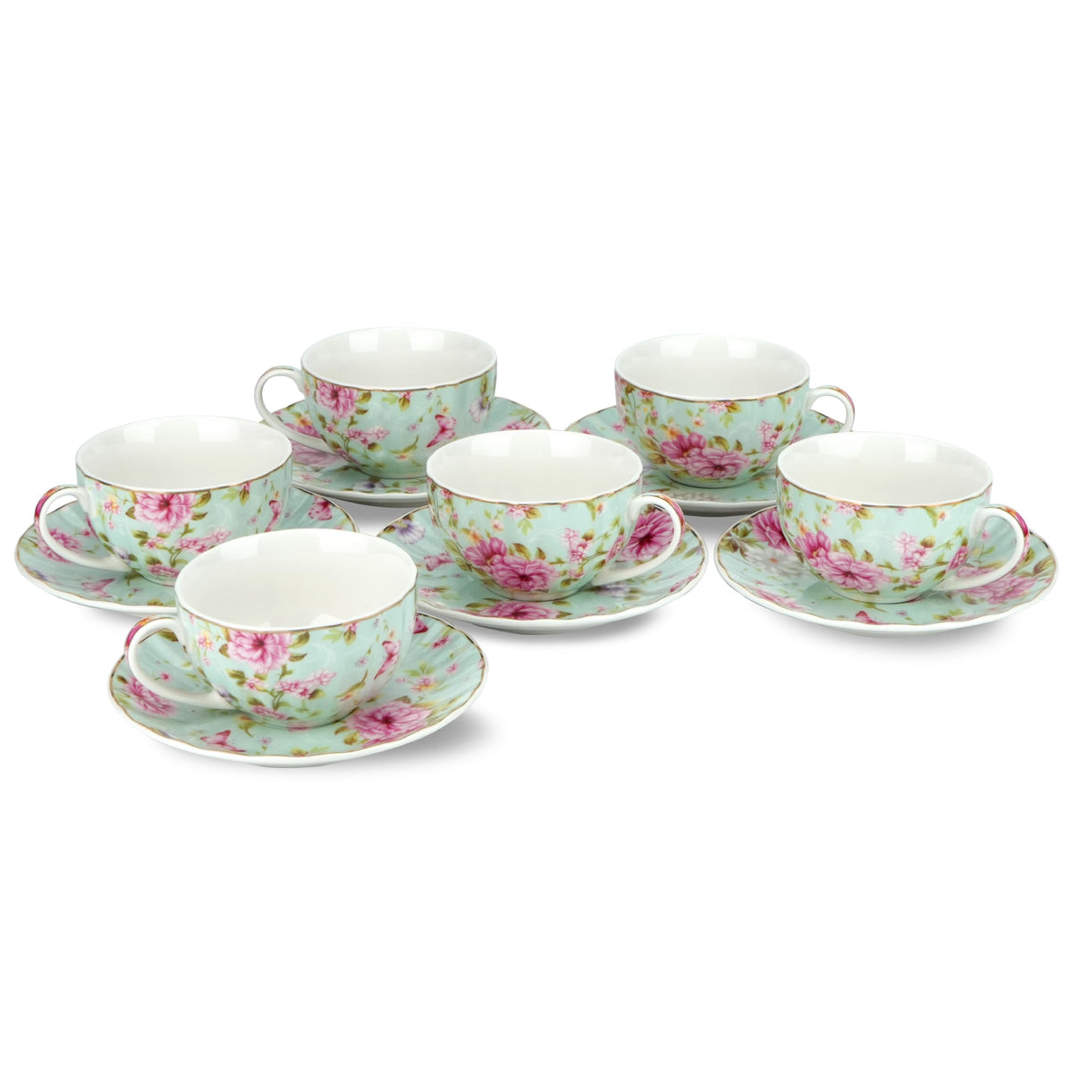 Floral Porcelain Tea Cups & Saucers Set of 6 – Midnight Blue
