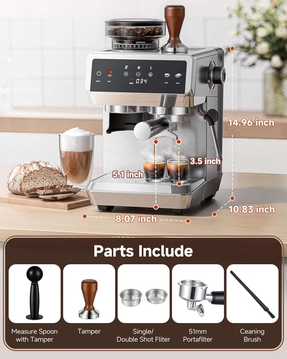 AMZCHEF Espresso Machine with Built-in Grinder – 44 Grind Settings, Temp Control, Milk Frother