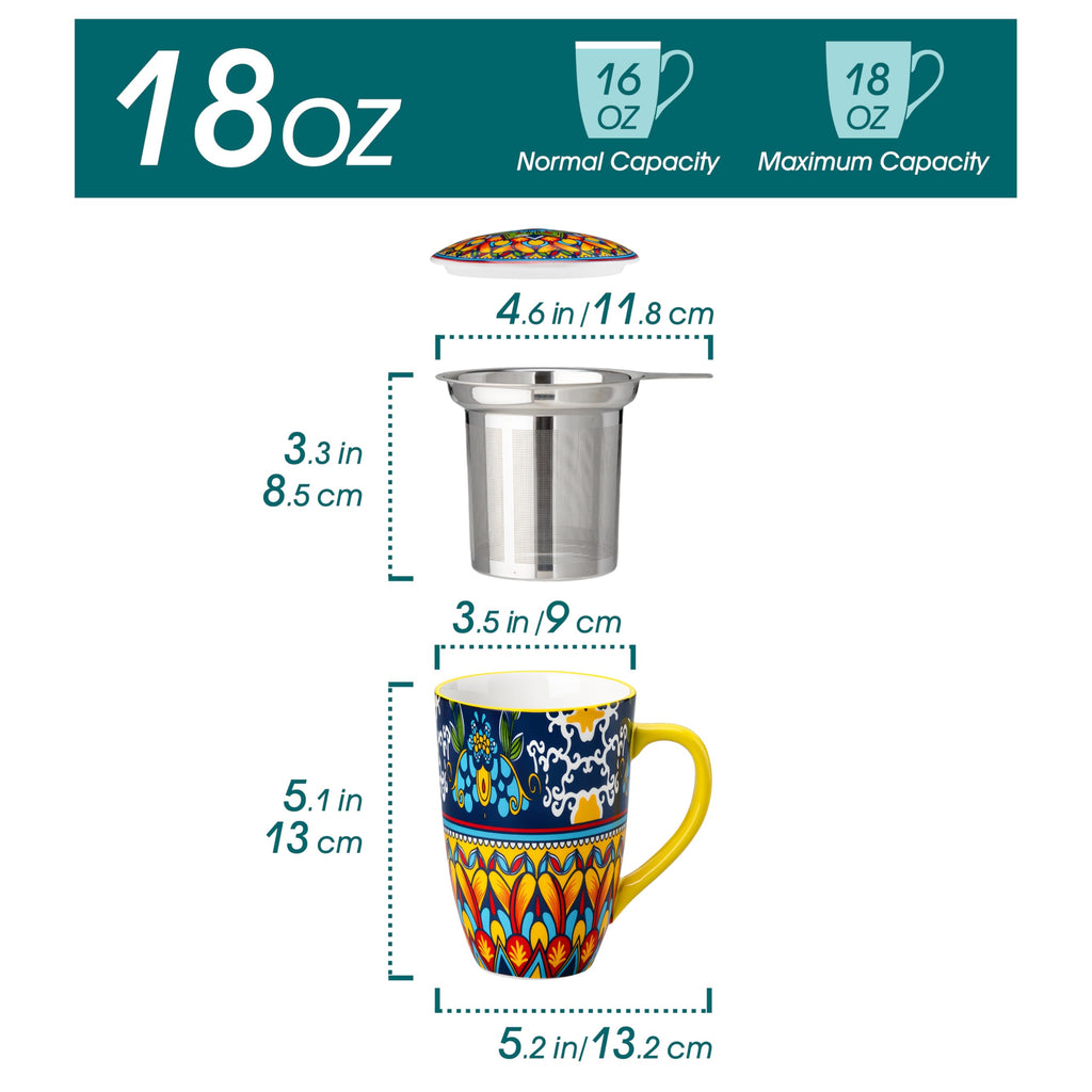 Ceramic Tea Infuser Mug with Lid, 18 oz – Bohemian Forest Daisy Pattern, Microwave & Dishwasher Safe