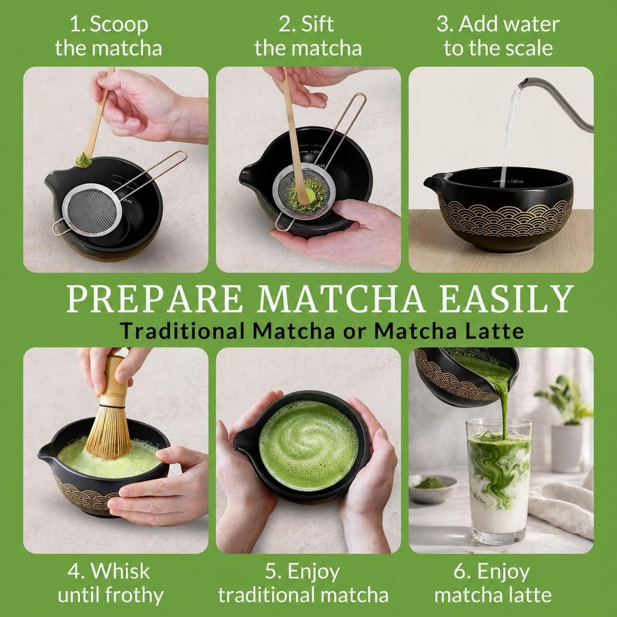 8-Piece Japanese Matcha Set – Spout Bowl with Measurement Marks, 100-Bristle Whisk & Crane Spoon Holder