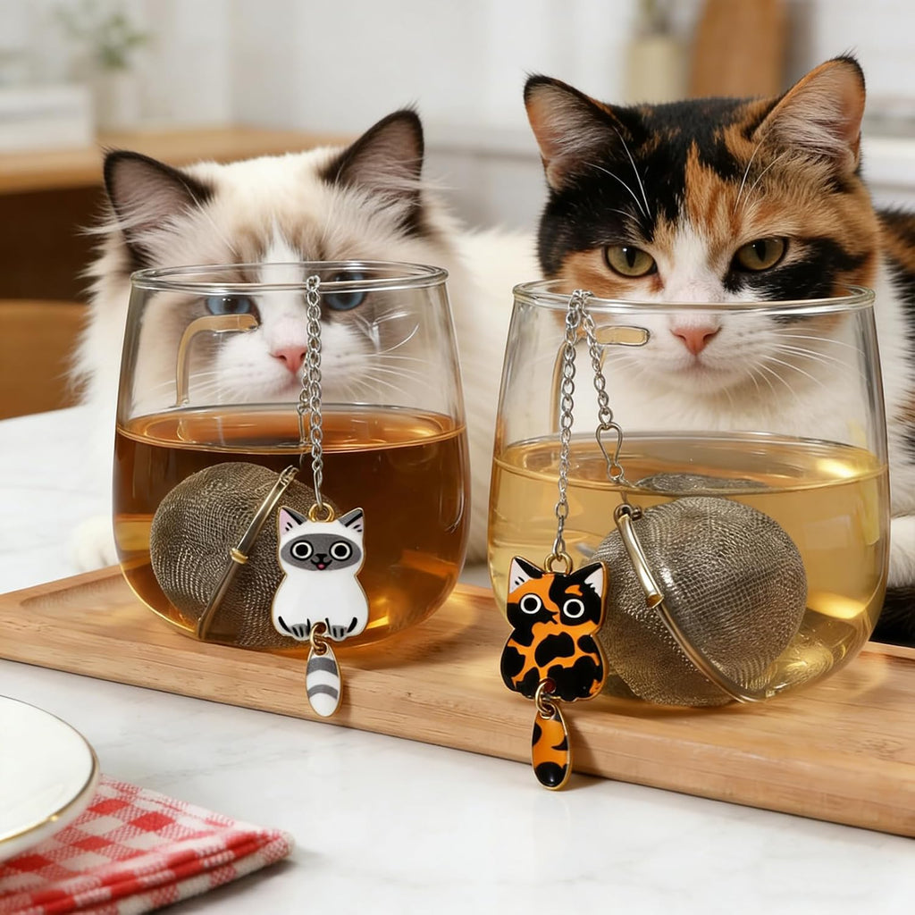Cat Charm Tea Infuser Set of 2 – Stainless Steel, Moving Tail, Ragdoll & Tortoiseshell