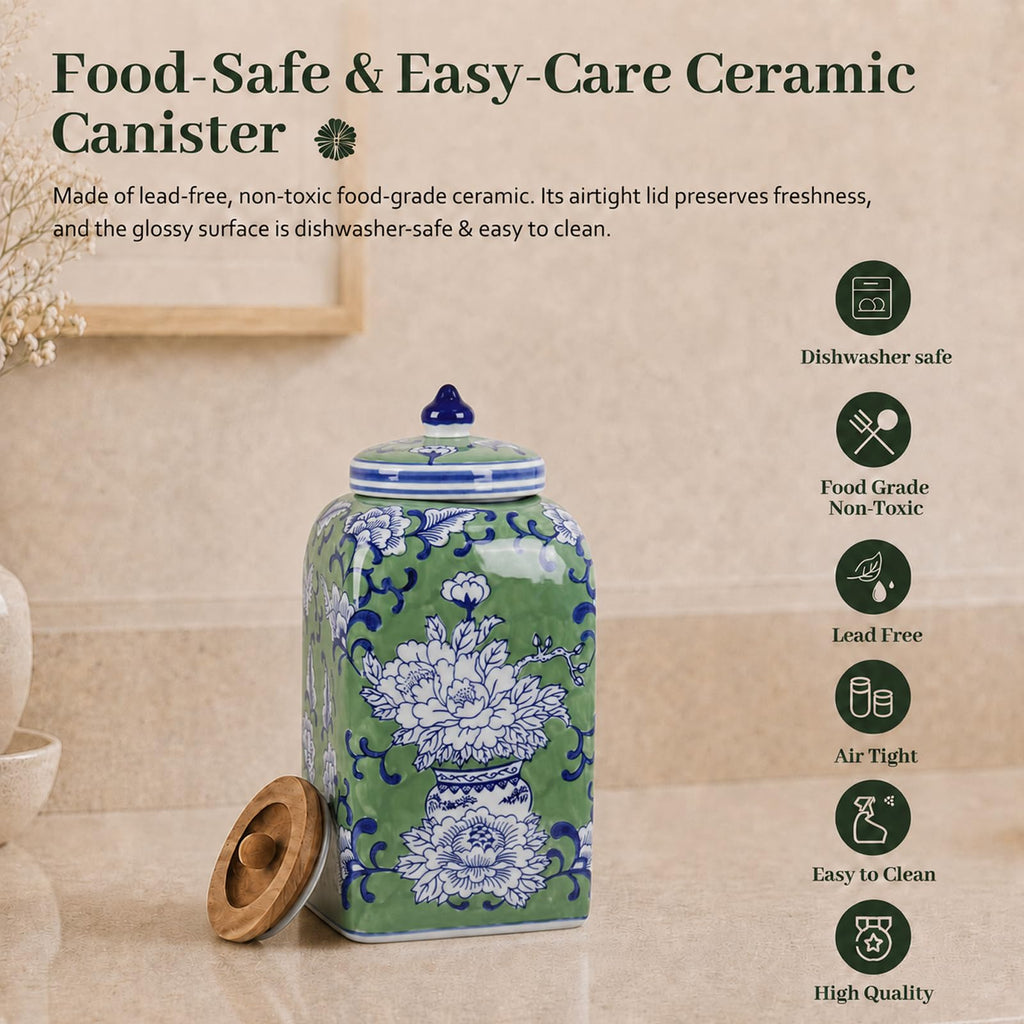 Ceramic Tea & Coffee Canister with Airtight Lid – 10" H, 121 fl oz, Green Peony Chinoiserie