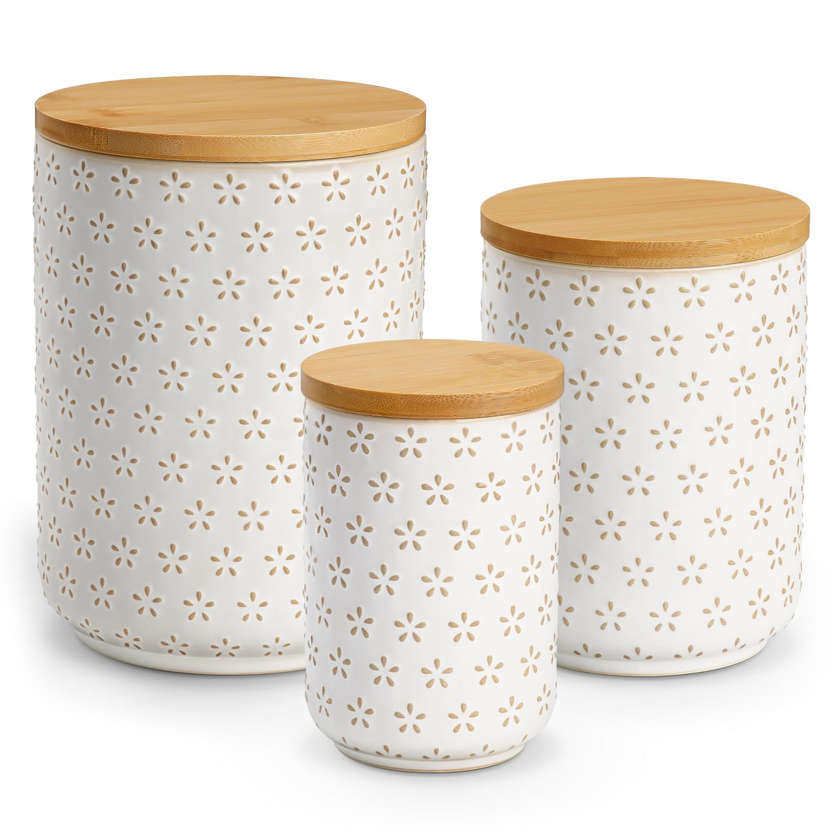 MALACASA LYDIA Ceramic Canister Set of 3 – Hexagon, Airtight Wooden Lids, 20/40/80 oz