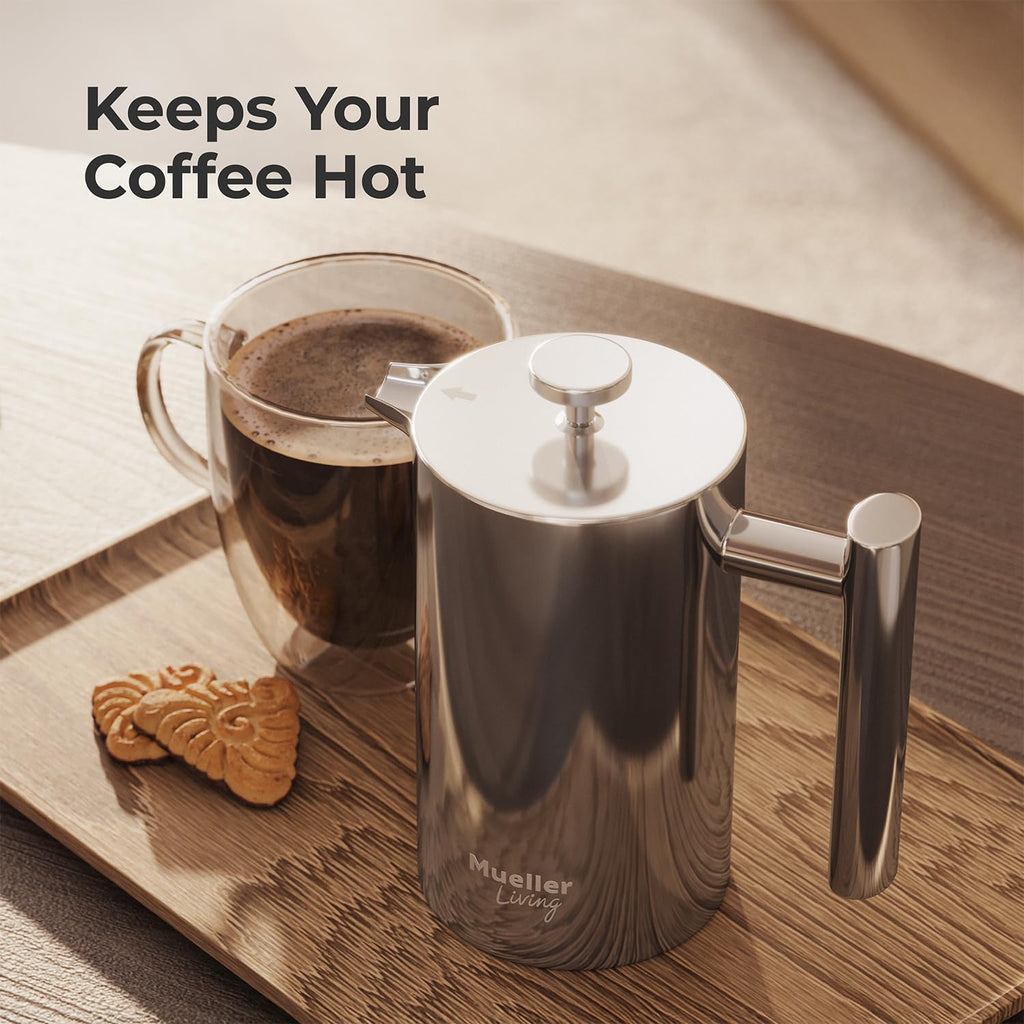 MuellerLiving French Press Coffee Maker – 34oz, Stainless Steel, 4-Filter