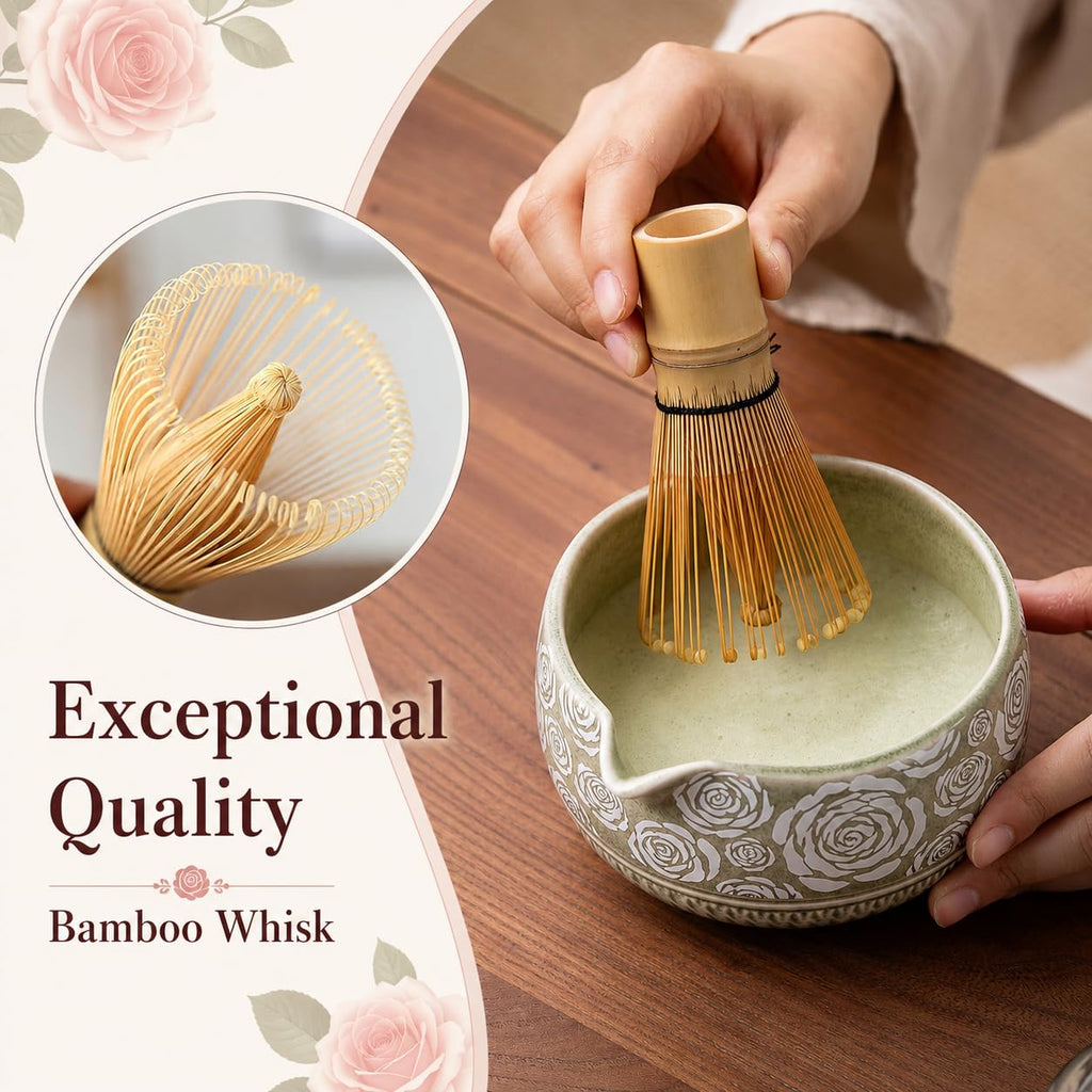 Buucup 7-Piece Green Ceramic Matcha Set – Bowl, Bamboo Whisk, Scoop, Holder, Rest, Sifter & Tea Towel