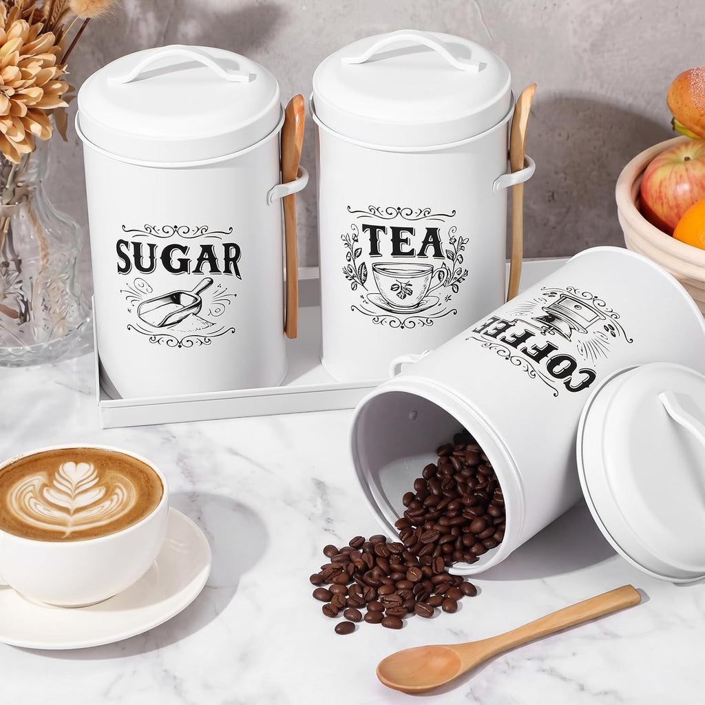 White Coffee, Tea & Sugar Canister Set of 3 with Tray & Wood Scoops – Metal, Airtight, Farmhouse