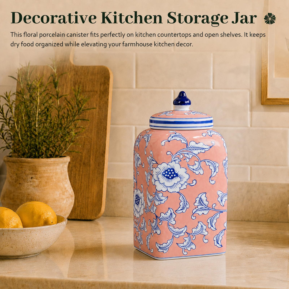 Ceramic Tea & Coffee Canister with Airtight Lid – 10" H, 121 fl oz, Green Peony Chinoiserie