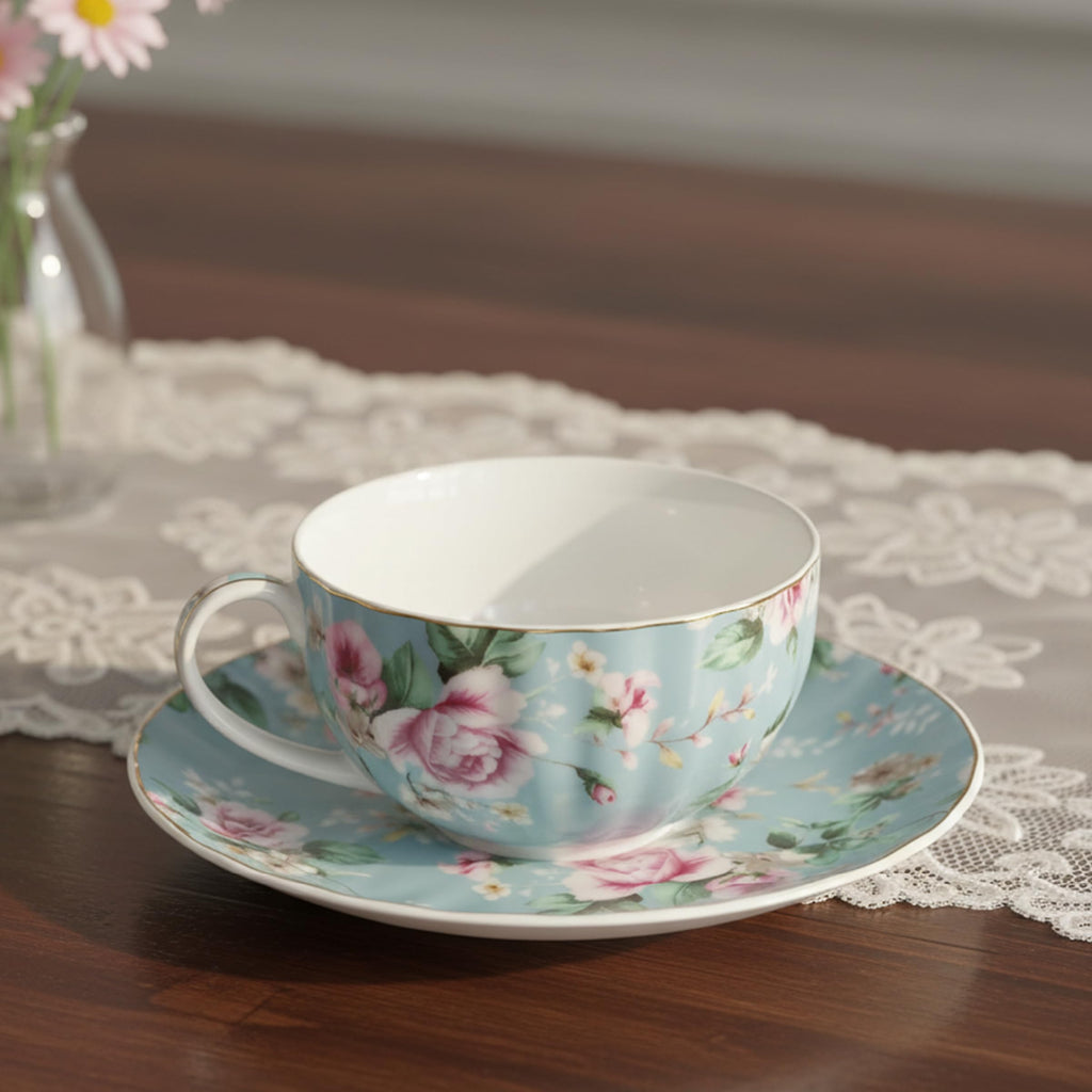 Floral Porcelain Tea Cups & Saucers Set of 6 – Midnight Blue