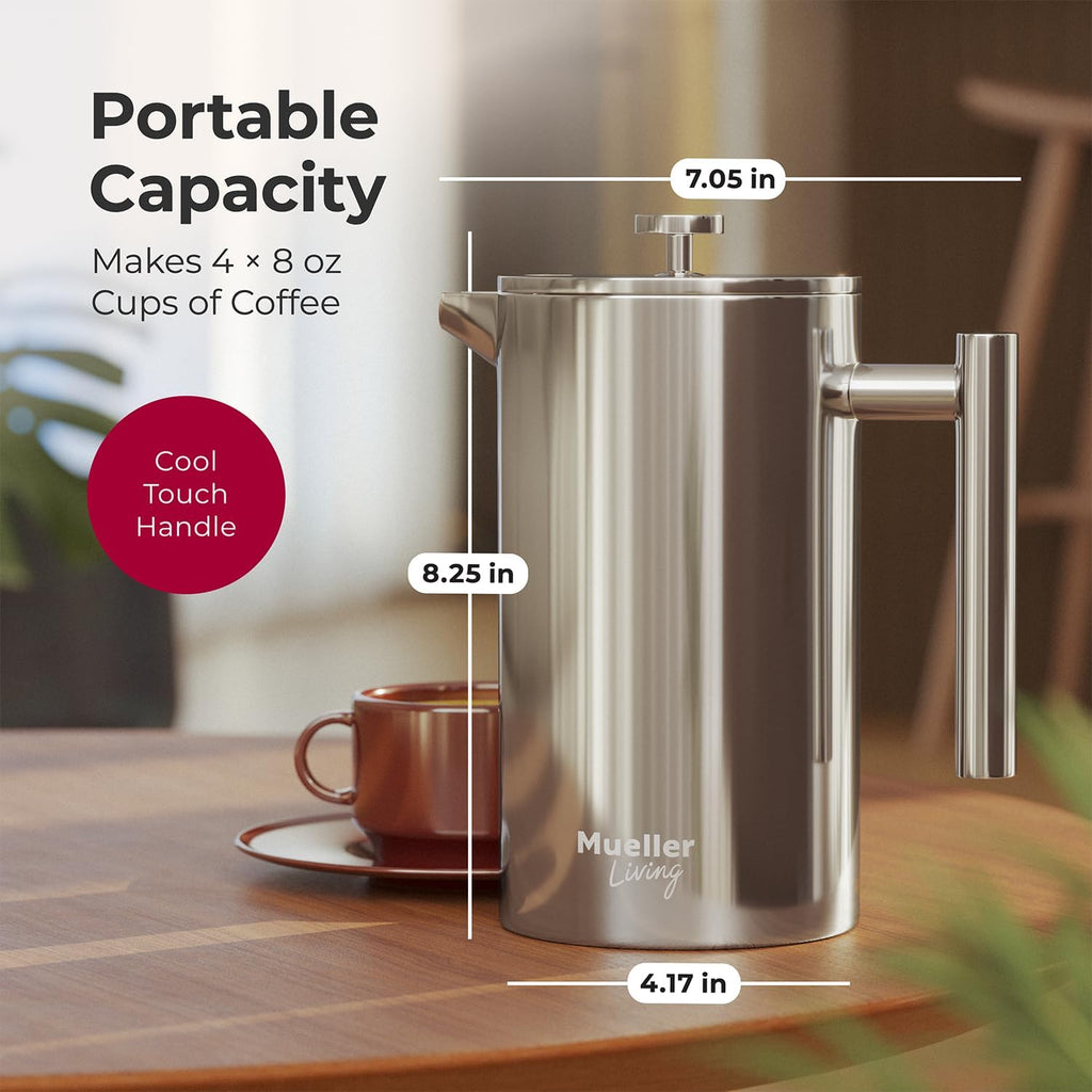 MuellerLiving French Press Coffee Maker – 34oz, Stainless Steel, 4-Filter