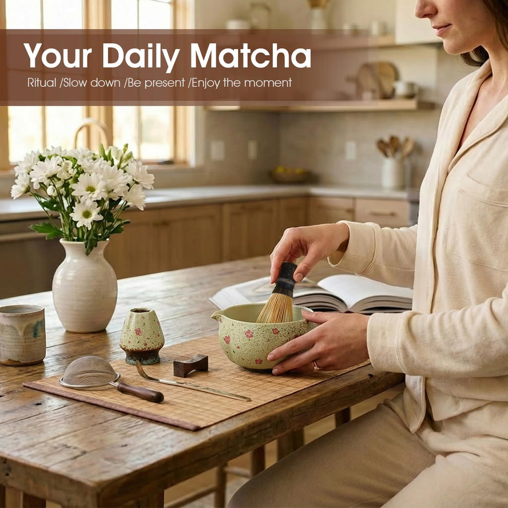 7-Piece Matcha Set – Floral Bowl & Purple Bamboo Whisk