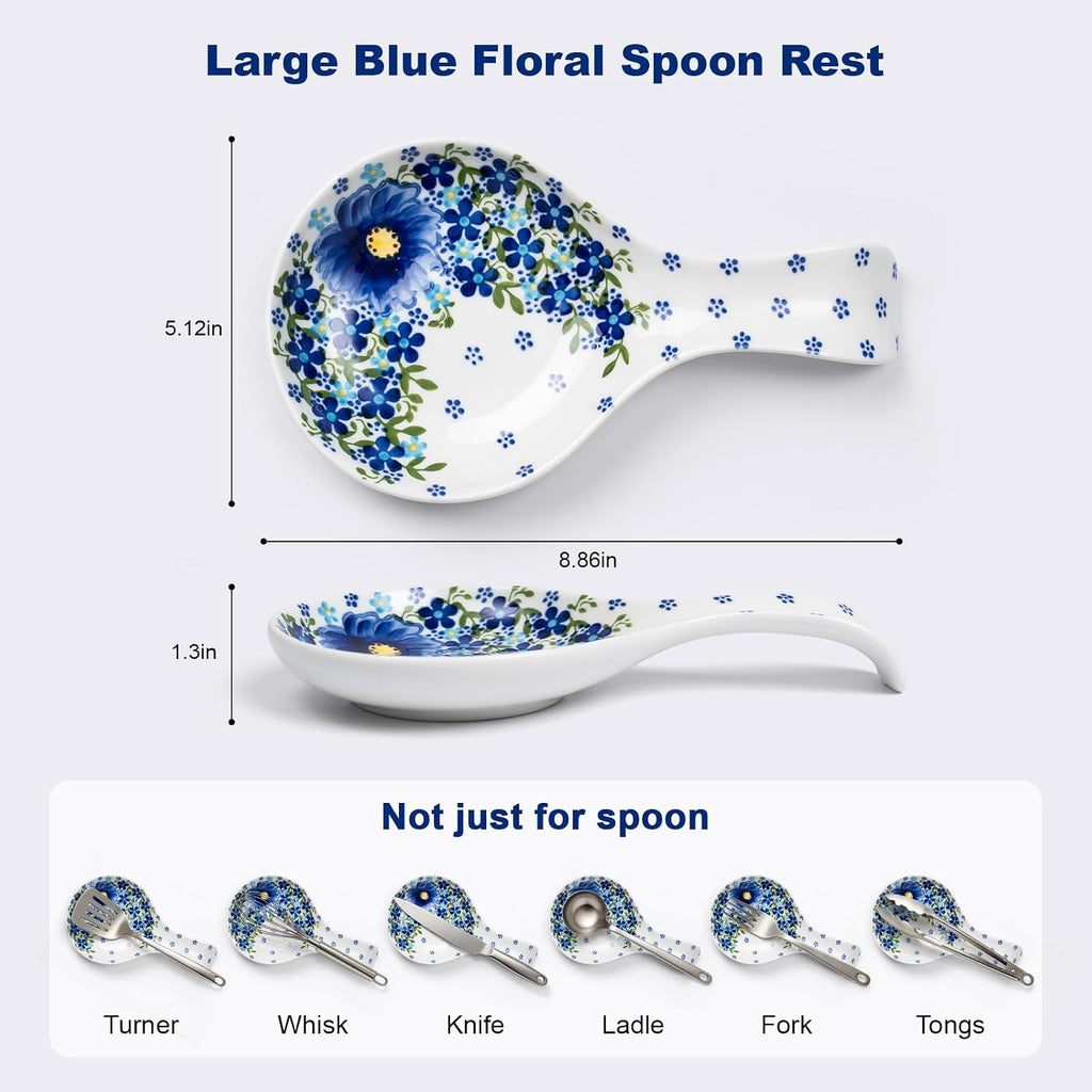 Large Ceramic Spoon Rest – Blue Floral, Heat Resistant, Dishwasher Safe, Gift Box