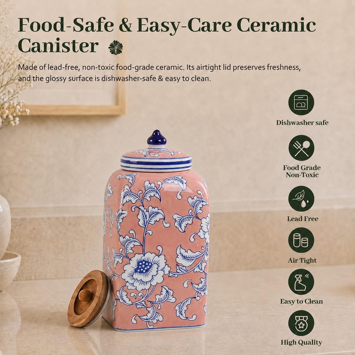 Ceramic Tea & Coffee Canister with Airtight Lid – 10" H, 121 fl oz, Green Peony Chinoiserie