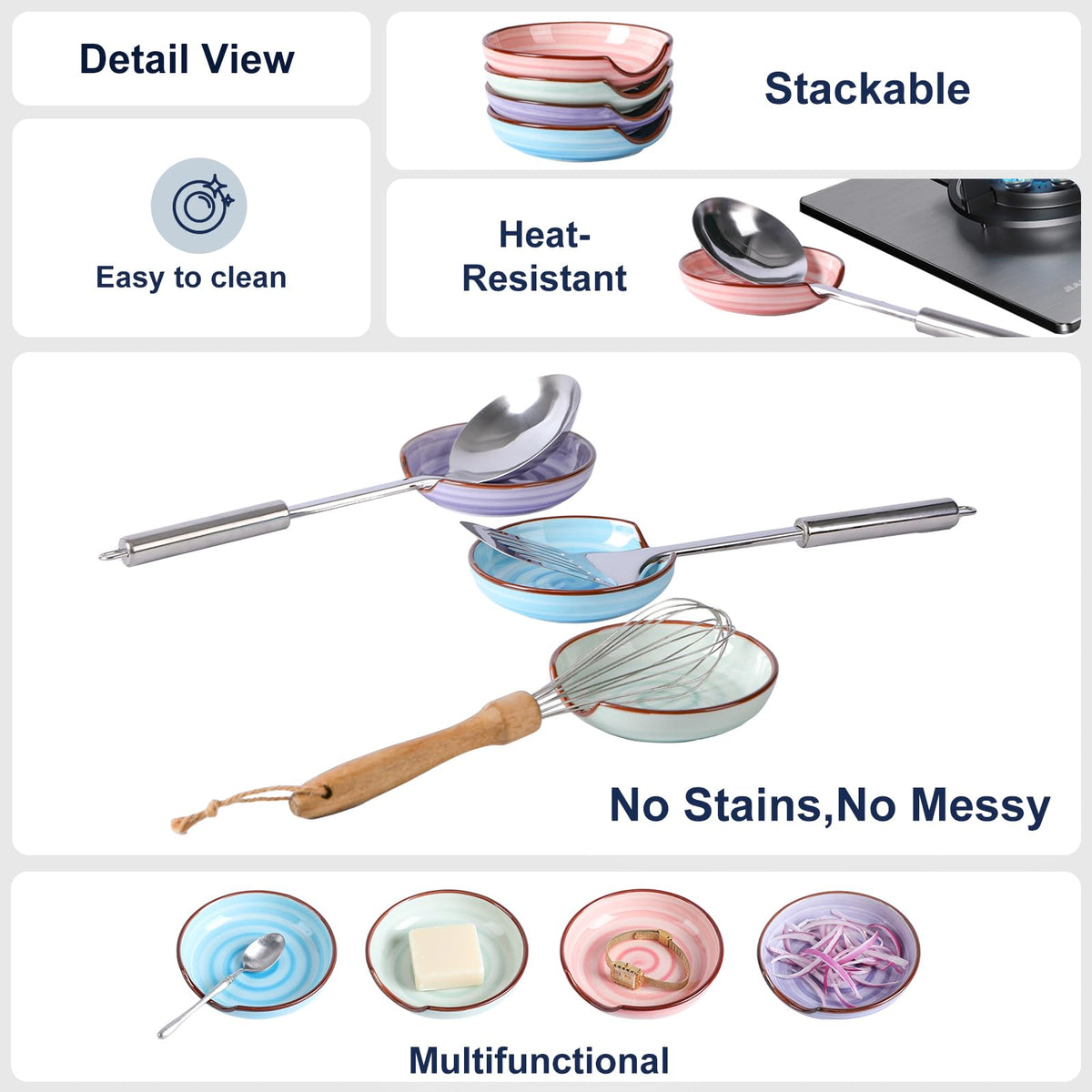 Selamica Ceramic Spoon Rest Set of 4 with Metal Holder – 4.8", Assorted Colors