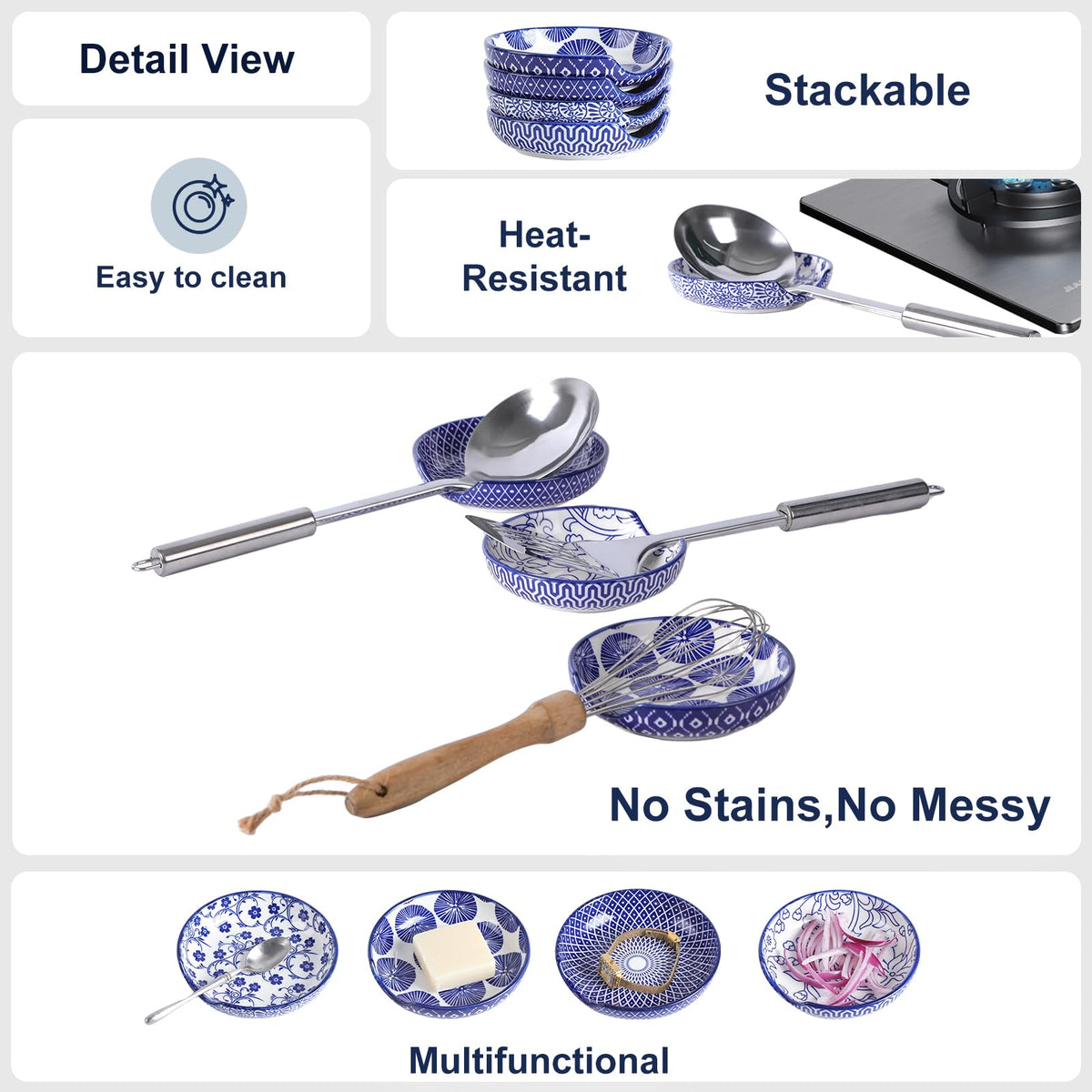 Selamica Ceramic Spoon Rest Set of 4 with Metal Holder – 4.8", Assorted Colors