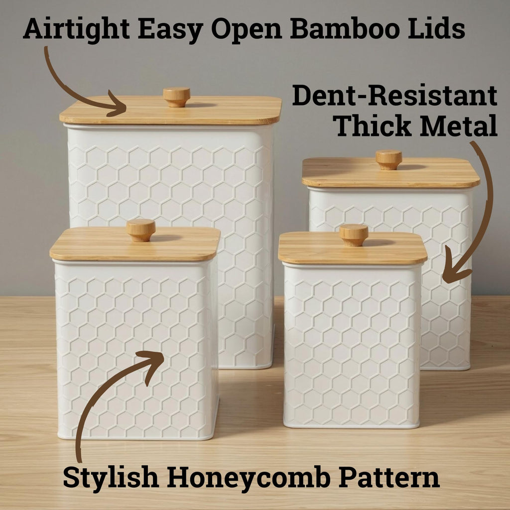 Honeycomb Metal Kitchen Canister Set of 4 – Airtight Bamboo Lids, Matte Black, 1.25–6.5 qt