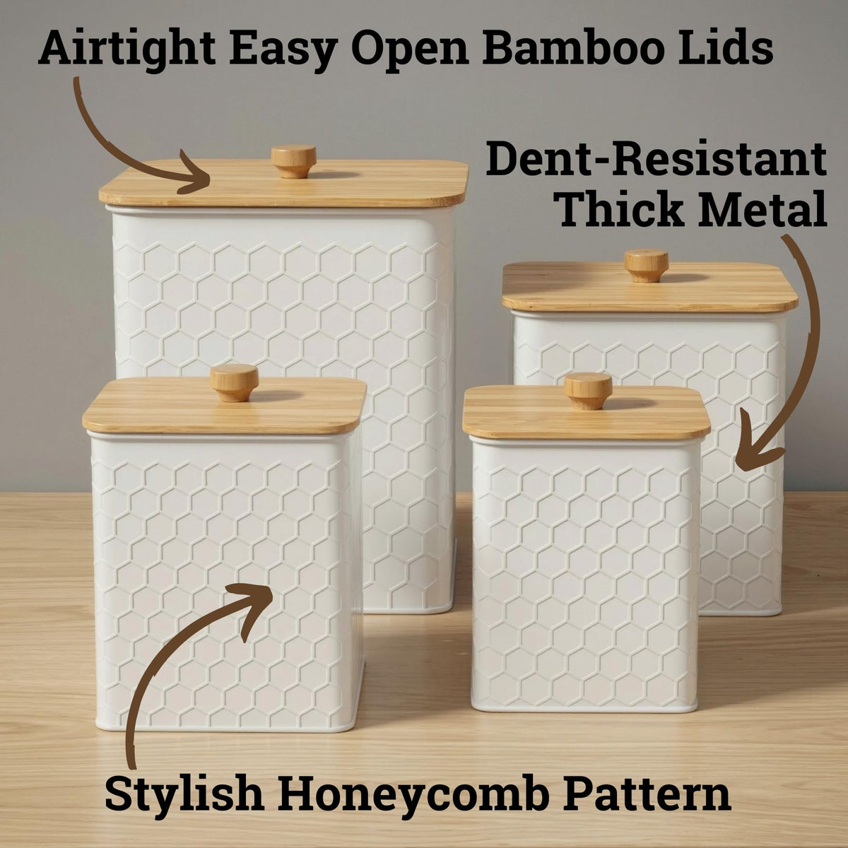 Honeycomb Metal Kitchen Canister Set of 4 – Airtight Bamboo Lids, Matte Black, 1.25–6.5 qt