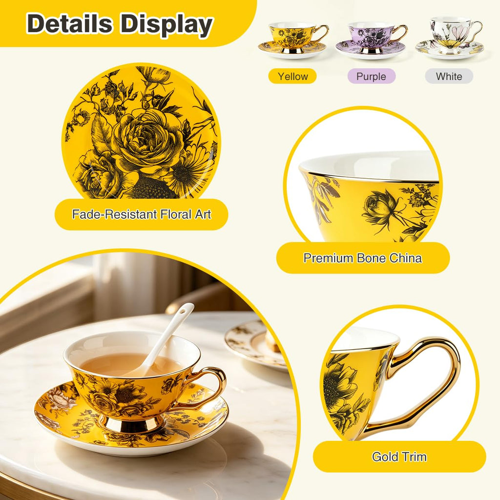 Bone China Floral Tea Cup & Saucer Set with Spoon – 7 oz