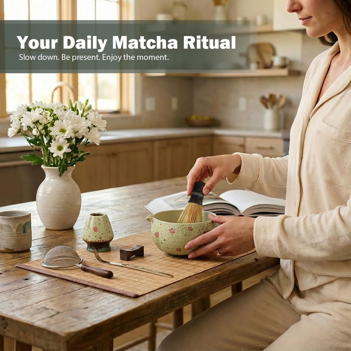 7-Piece Matcha Set – Floral Bowl & Purple Bamboo Whisk