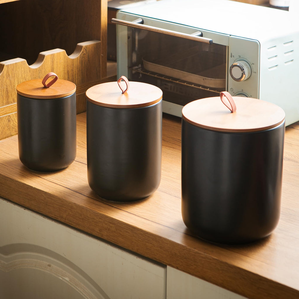 Mowtanco White Embossed Ceramic Canister Set of 3 – Airtight Bamboo Lids, 12/30/48 oz
