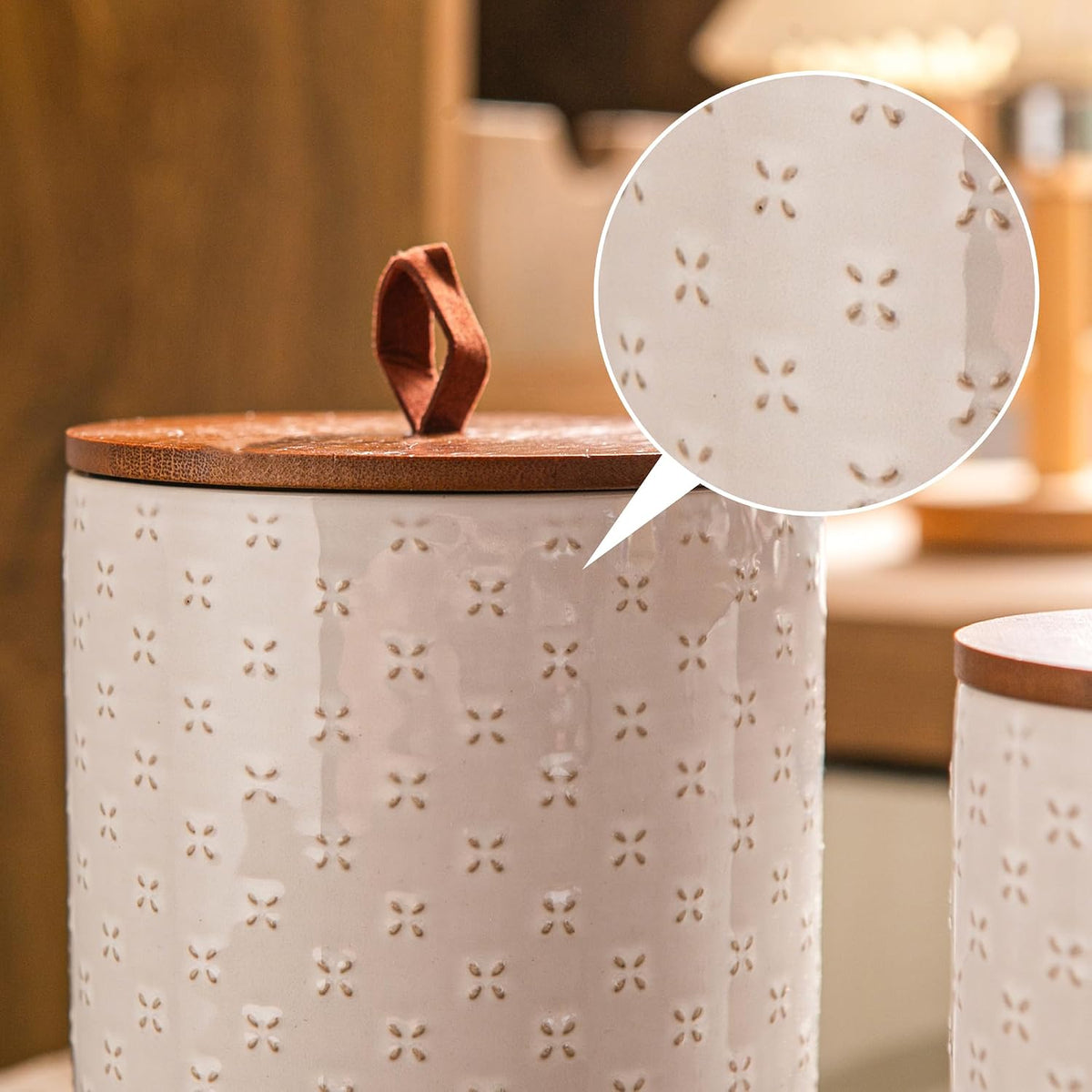 Mowtanco White Embossed Ceramic Canister Set of 3 – Airtight Bamboo Lids, 12/30/48 oz