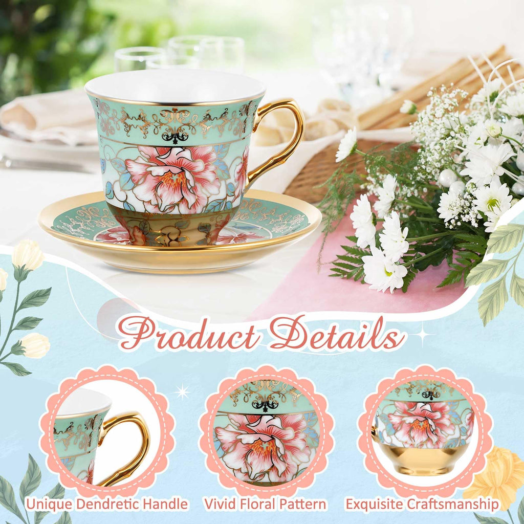 Floral Porcelain Tea Cups & Saucers Set of 18 – 6 Patterns, 5.4 oz