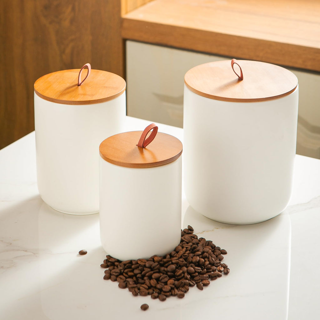 Mowtanco White Embossed Ceramic Canister Set of 3 – Airtight Bamboo Lids, 12/30/48 oz