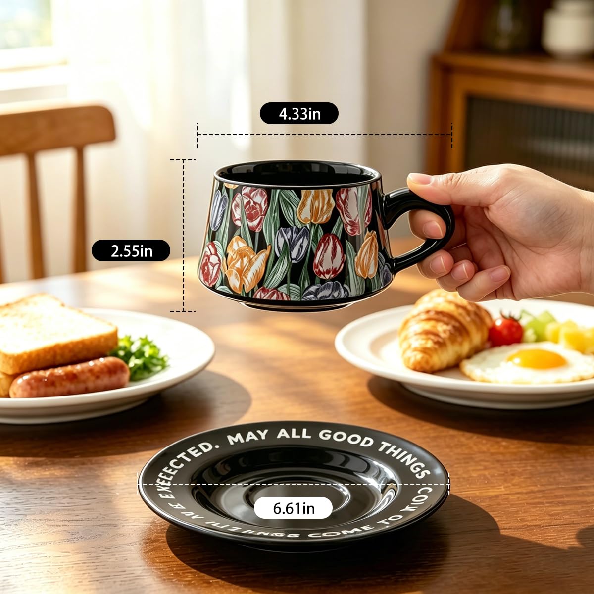 Bone China Floral Tea Cup & Saucer Set with Spoon – 7 oz