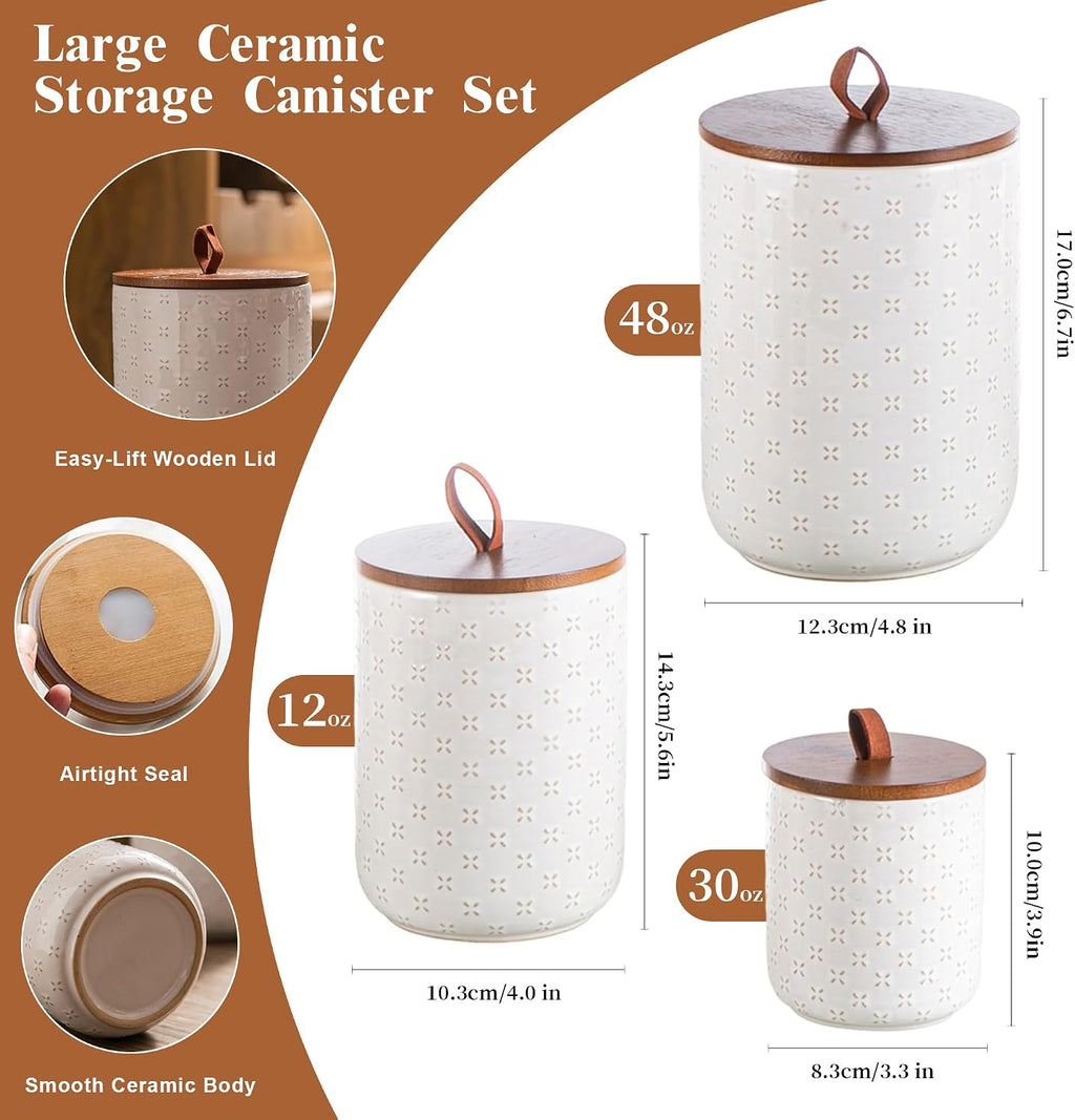 Mowtanco White Embossed Ceramic Canister Set of 3 – Airtight Bamboo Lids, 12/30/48 oz