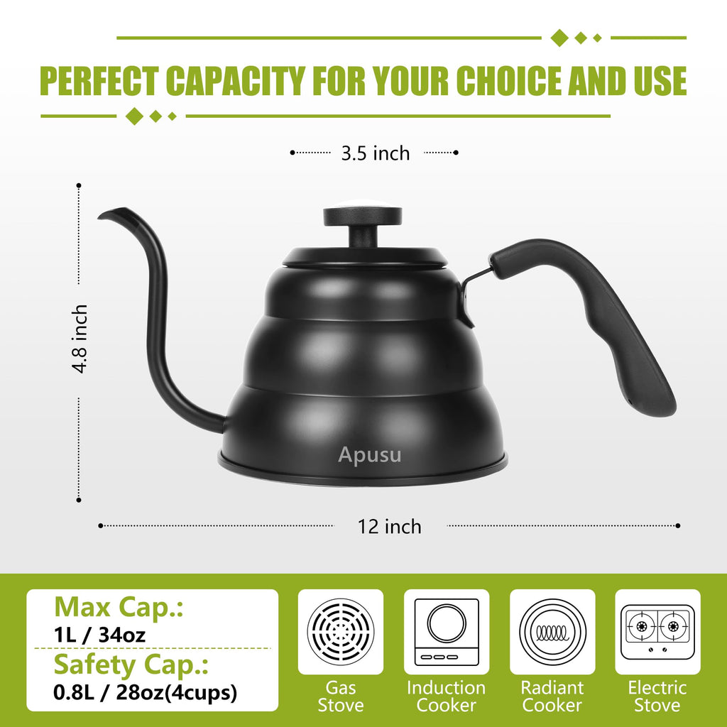 Stovetop Gooseneck Kettle with Thermometer – 40oz Stainless Steel, Pour Over
