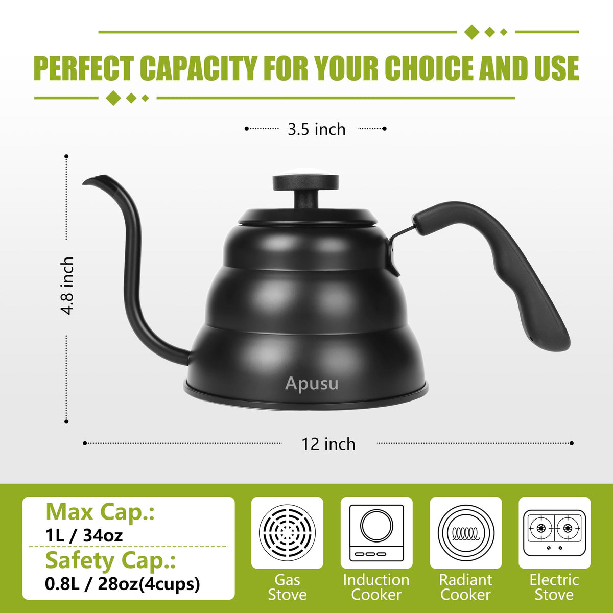 Stovetop Gooseneck Kettle with Thermometer – 40oz Stainless Steel, Pour Over