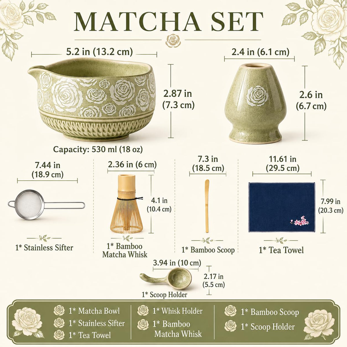 Buucup 7-Piece Green Ceramic Matcha Set – Bowl, Bamboo Whisk, Scoop, Holder, Rest, Sifter & Tea Towel