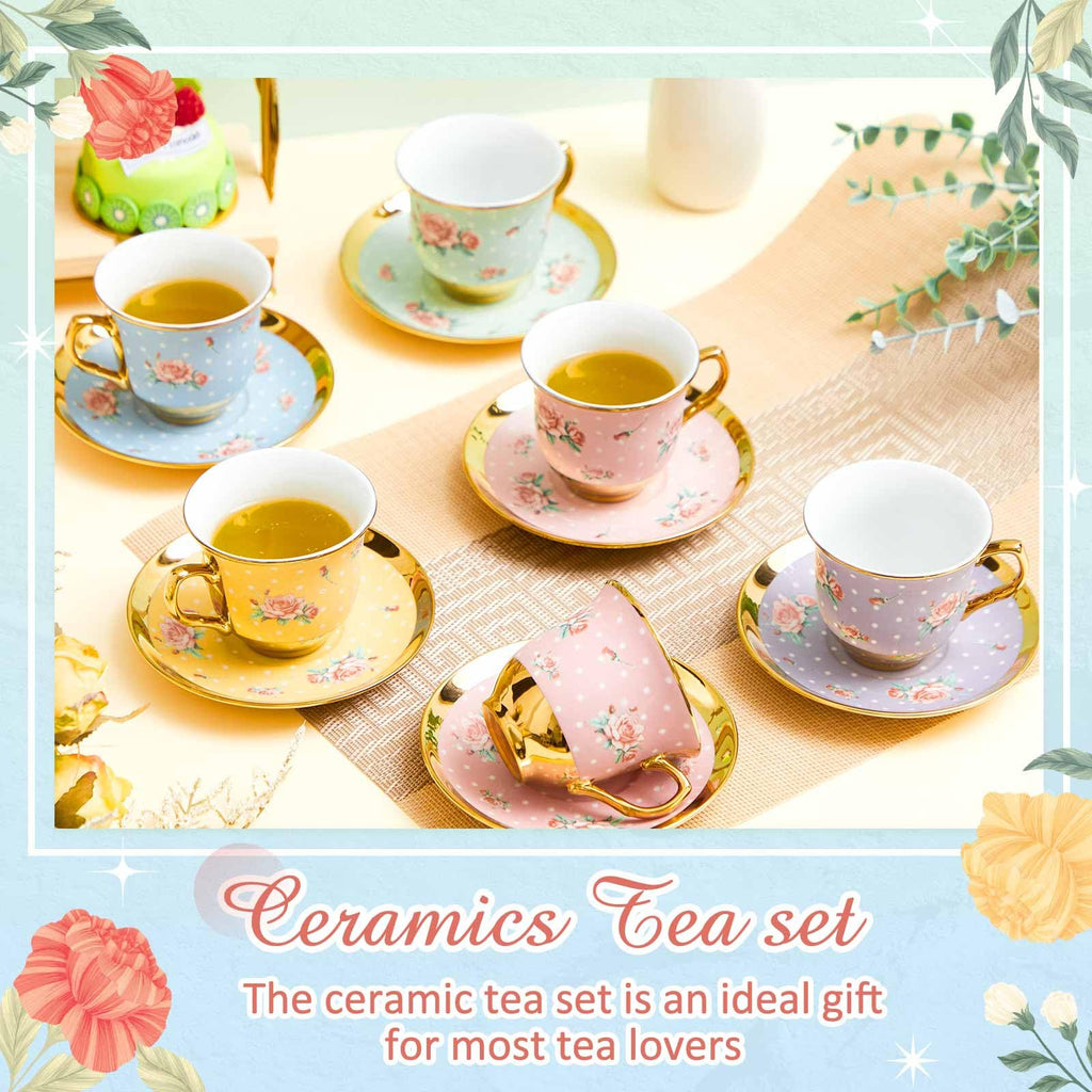Floral Porcelain Tea Cups & Saucers Set of 18 – 6 Patterns, 5.4 oz